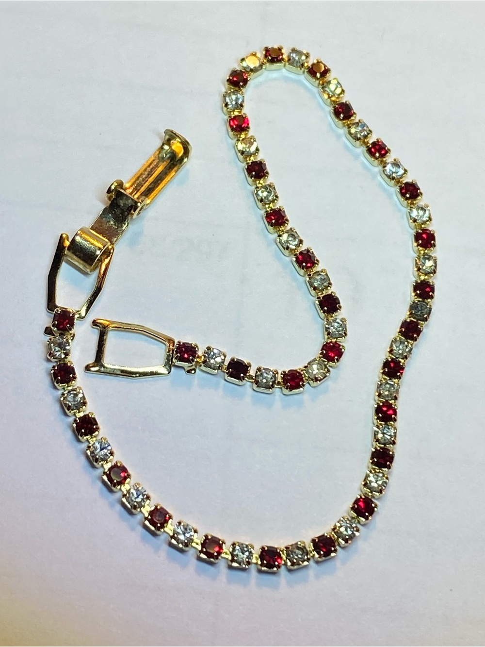 Vintage Red Ruby Clear Rhinestone Gold Tone Thin Tennis Bracelet